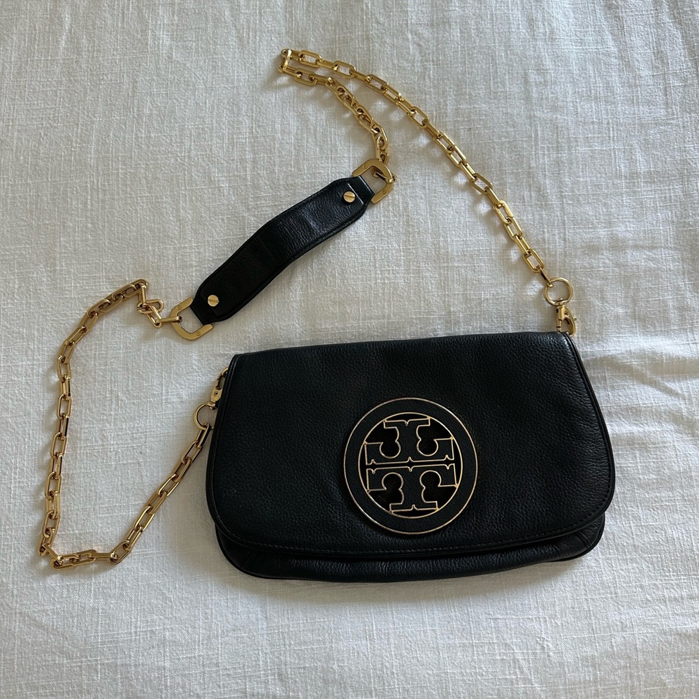 Tory Burch Raphael- Black Leather Crossbody Bag with Gold Chain